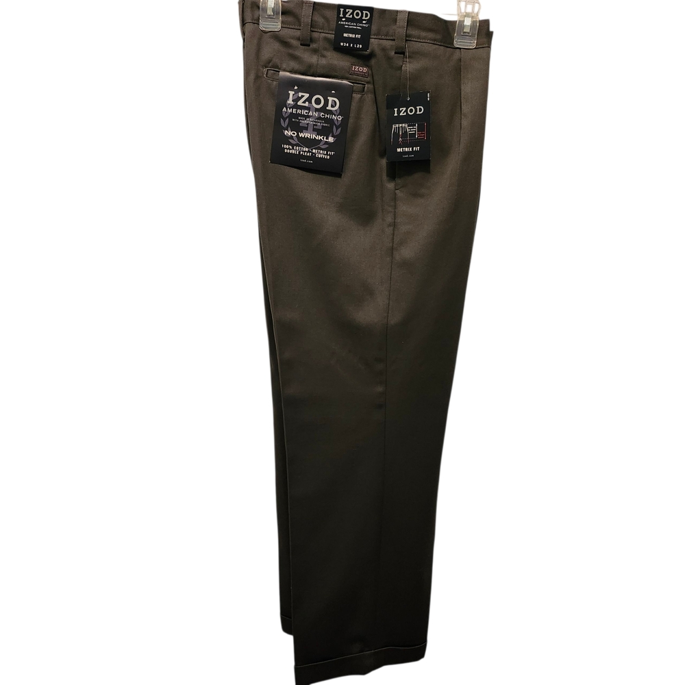 NWT IZOD American Chino Pants Gray Double Pleat Sz 34x29 Metrix Fit Cuffed